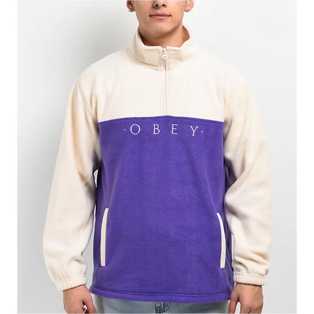 Obey Graphic Logo Colorblock Quarter Zip Fleece Pullover